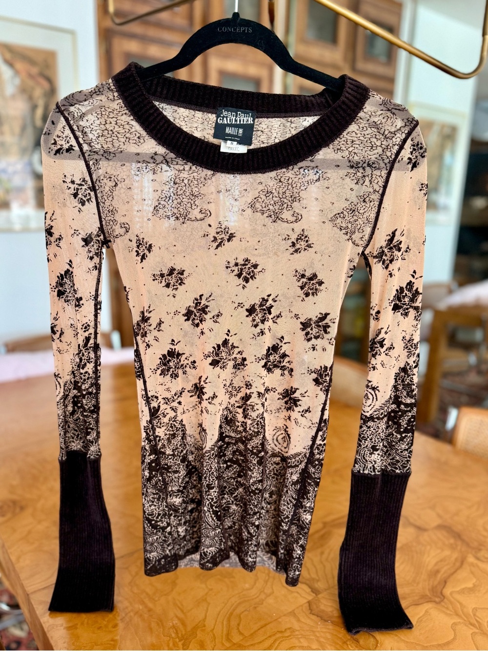 Jean Paul Gaultier Vintage Brown and Cream Long-Sleeve Velvet Mesh Top